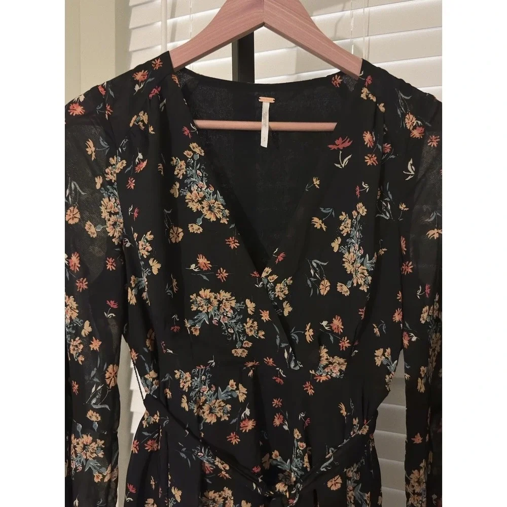 Free People Black Floral Mini Dress Size Small Sheer Boho Bell Sleeve, Waist Tie